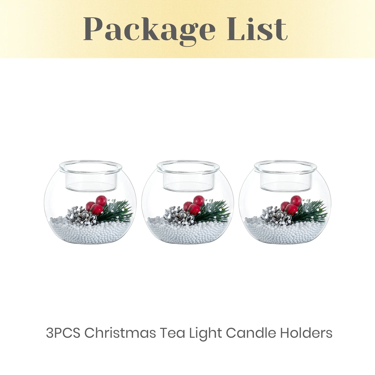 Set of 3 Christmas Tealight Holders: Glass Votive Candle Holders with Artificial Pinecone Holiday Table Decor for Centerpieces DIY Snow Scene Party Gifts