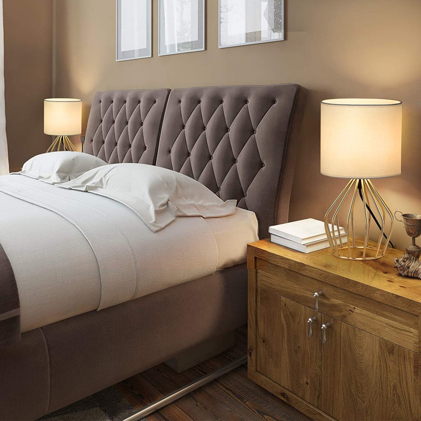 HAITRAL Gold Table Lamp - Modern Style Desk Lamp with Hollowed Out Base Linen Fabric Shade, Small Golden Bedside Lamp for Bedrooms, Living Room