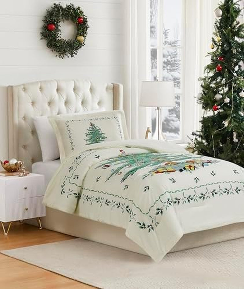 Spode - King Comforter Set, 3-Piece Bedding with Matching Shams, Holiday Room Decor Christmas Tree Ivory, King
