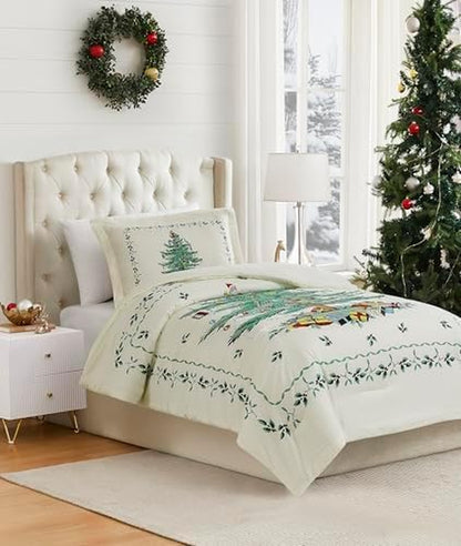 Spode - King Comforter Set, 3-Piece Bedding with Matching Shams, Holiday Room Decor Christmas Tree Ivory, King