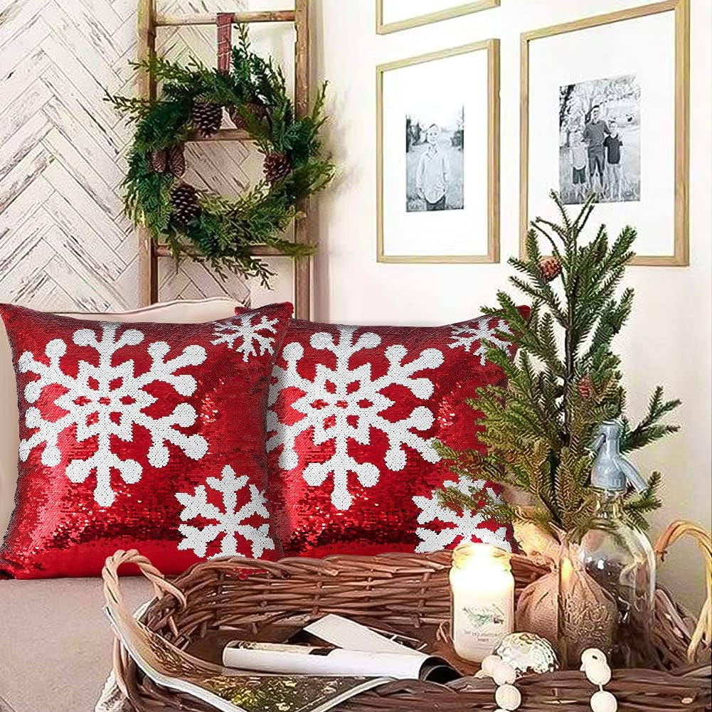OTOSTAR Christmas Sequins Throw Pillow Covers 18X18 Inch Snowflake Winter Holiday Decorative Magical Sequin Pillowcases Decorations Gifts Cushion Case for Home Bed Sofa Car Couch Set of 2 (Snowflake)