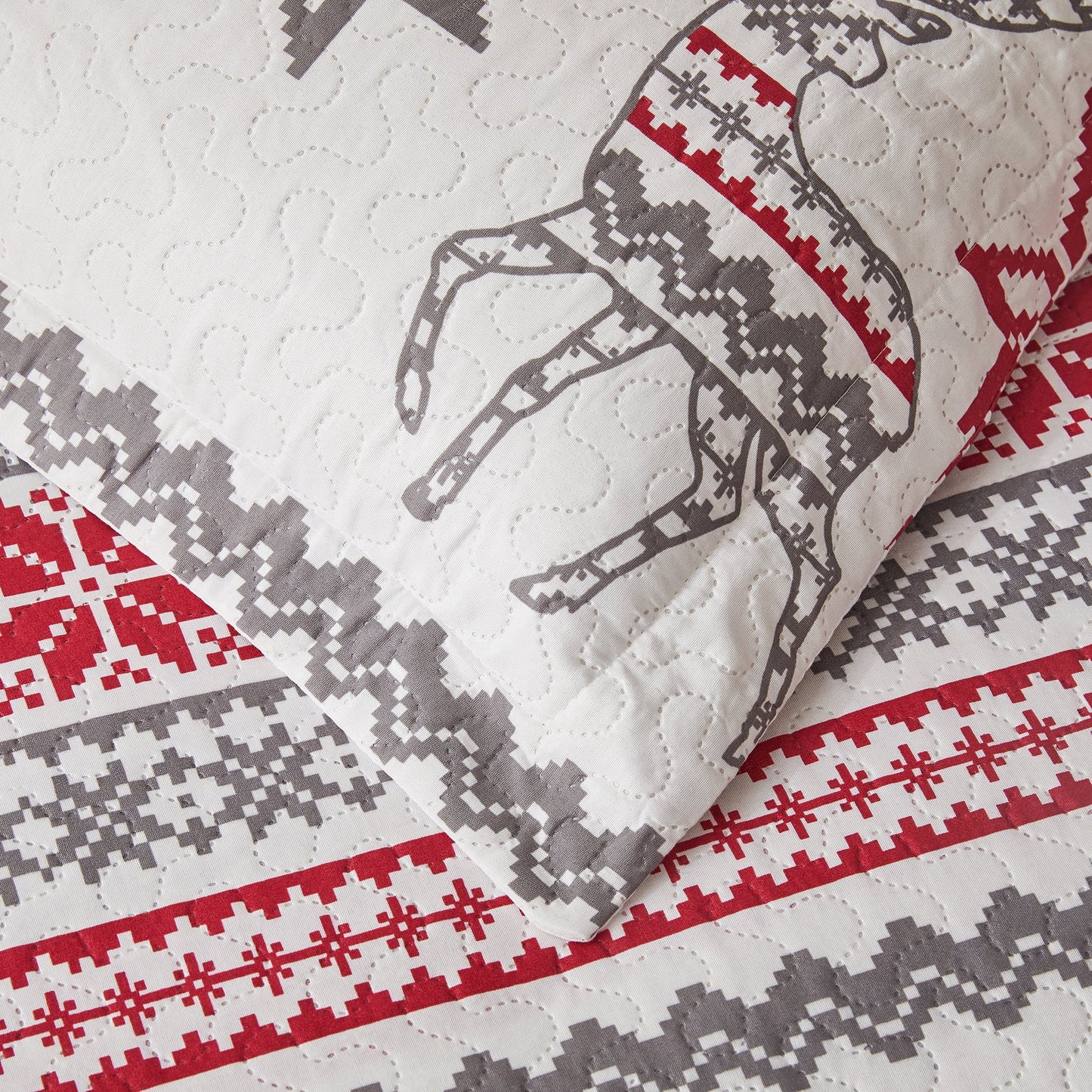 Christmas Red Gray Snowflake Bedding Sets Twin Size Reindeer Quilt Sets Lantarn Bedspread Coverlet Set with 2 Pillow Shams