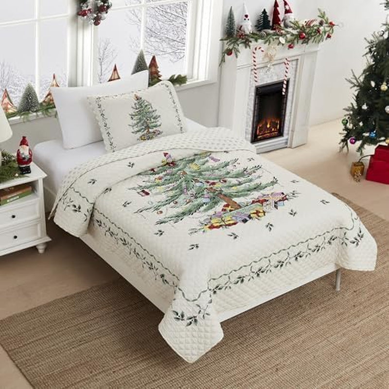 Spode - King Comforter Set, 3-Piece Bedding with Matching Shams, Holiday Room Decor Christmas Tree Ivory, King
