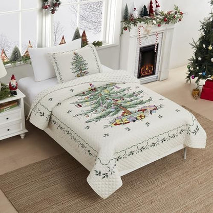 Spode - King Comforter Set, 3-Piece Bedding with Matching Shams, Holiday Room Decor Christmas Tree Ivory, King