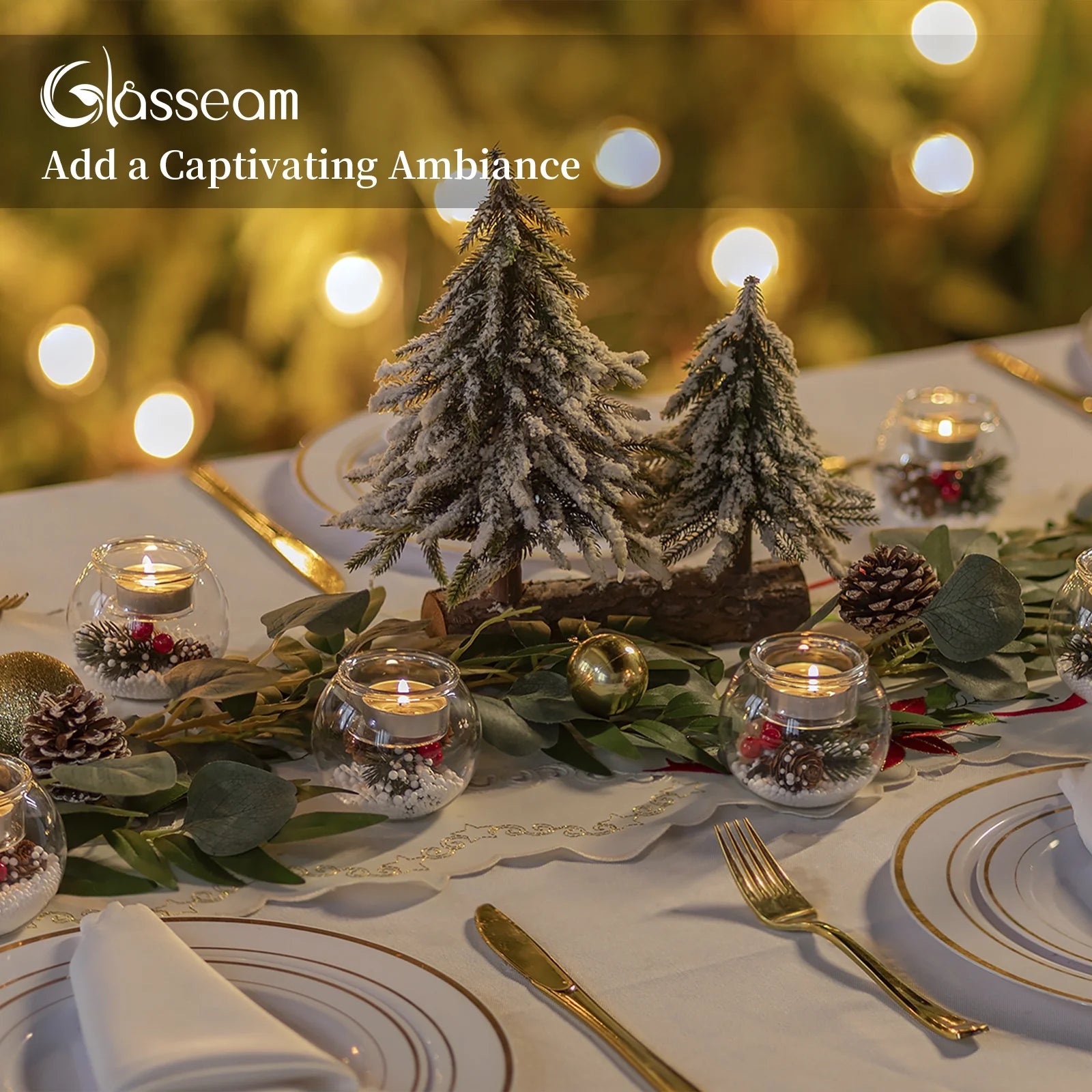 Set of 3 Christmas Tealight Holders: Glass Votive Candle Holders with Artificial Pinecone Holiday Table Decor for Centerpieces DIY Snow Scene Party Gifts