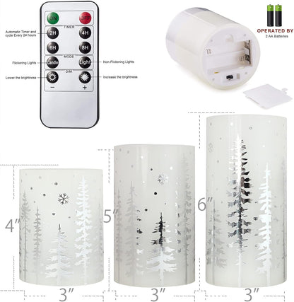 Christmas Flameless Pillar Candles, Holiday Led Candles with Timer Remote, Silver Battery Operated Flickering Candles for Christmas Home Decorations, Centerpiece.