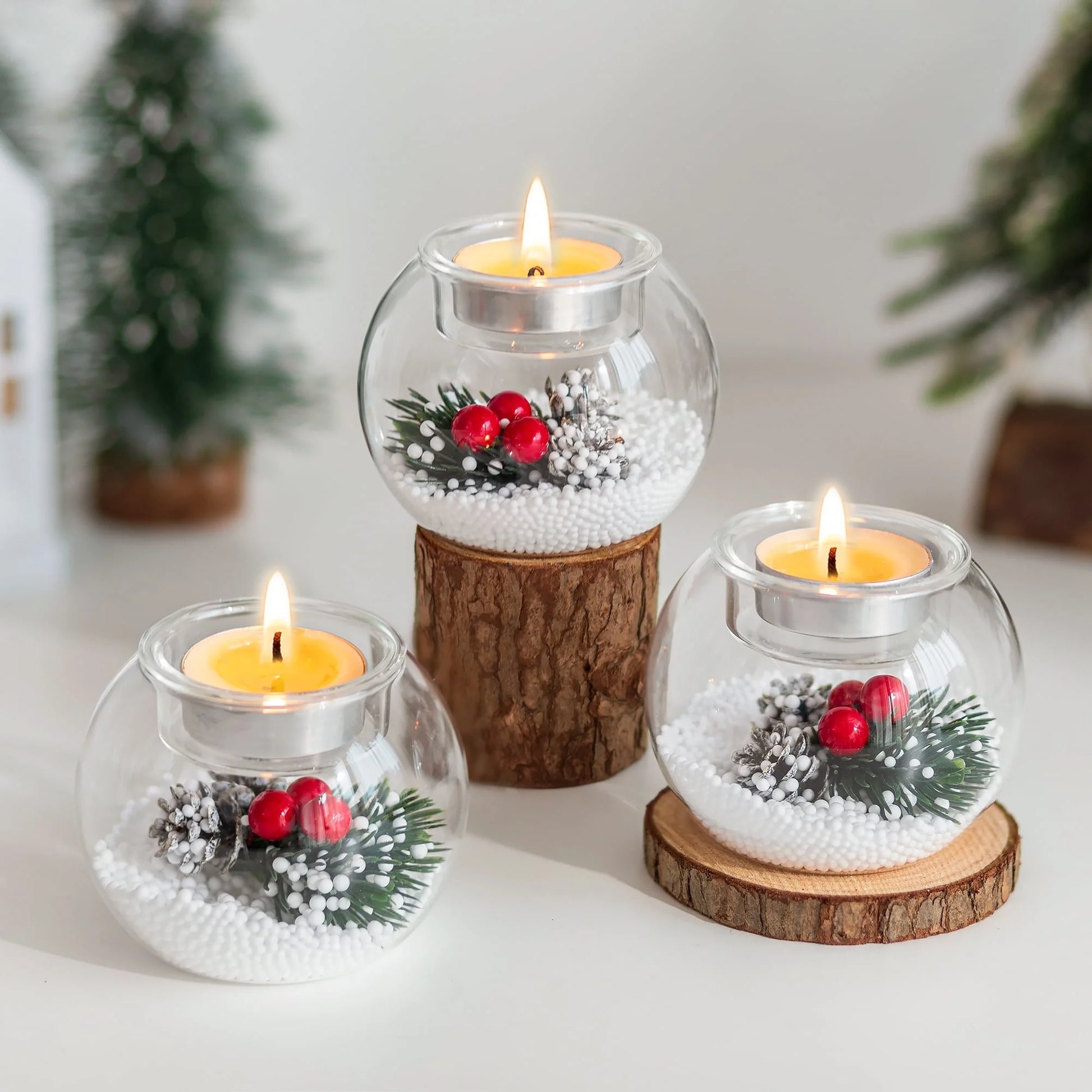 Set of 3 Christmas Tealight Holders: Glass Votive Candle Holders with Artificial Pinecone Holiday Table Decor for Centerpieces DIY Snow Scene Party Gifts