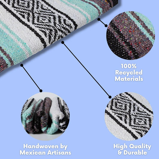 El Paso Designs Mexican Yoga Blanket – Colorful Falsa Serape Throw for Yoga, Beach, Picnic, Saddle, or Home Décor – Soft Woven Boho Blanket (Cool Mint & Gray)