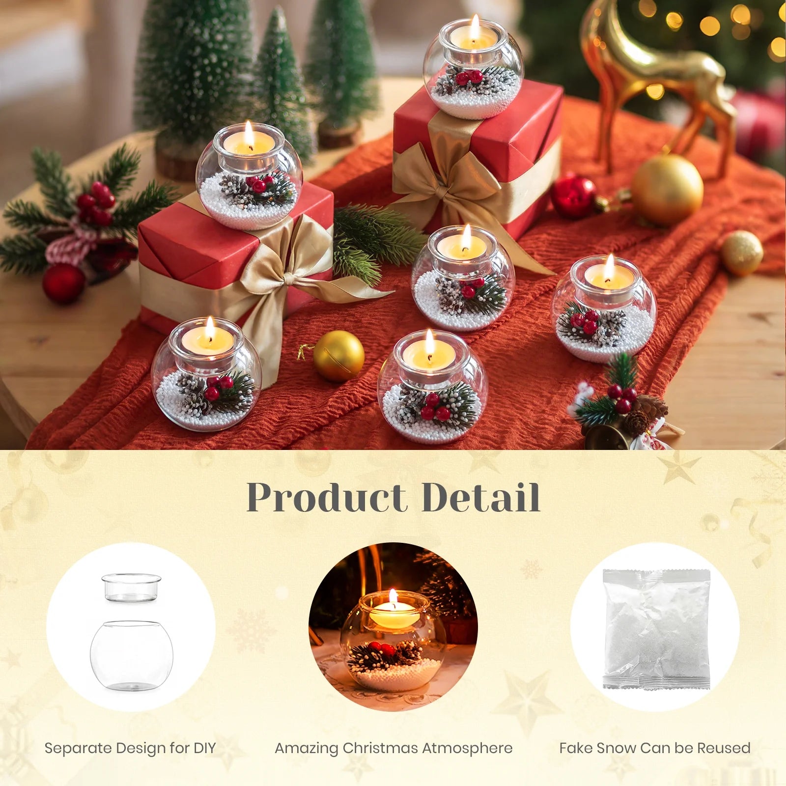 Set of 3 Christmas Tealight Holders: Glass Votive Candle Holders with Artificial Pinecone Holiday Table Decor for Centerpieces DIY Snow Scene Party Gifts