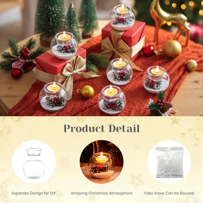 Set of 3 Christmas Tealight Holders: Glass Votive Candle Holders with Artificial Pinecone Holiday Table Decor for Centerpieces DIY Snow Scene Party Gifts