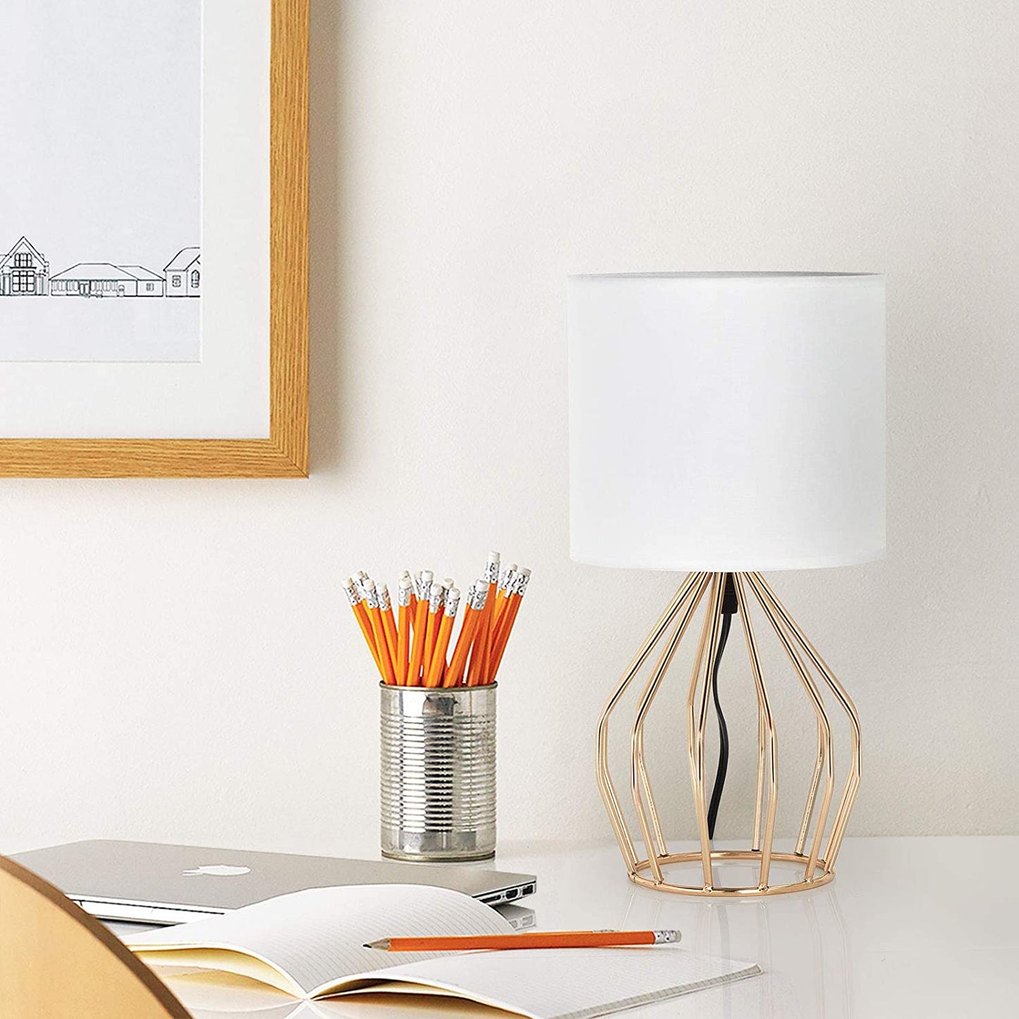 HAITRAL Gold Table Lamp - Modern Style Desk Lamp with Hollowed Out Base Linen Fabric Shade, Small Golden Bedside Lamp for Bedrooms, Living Room