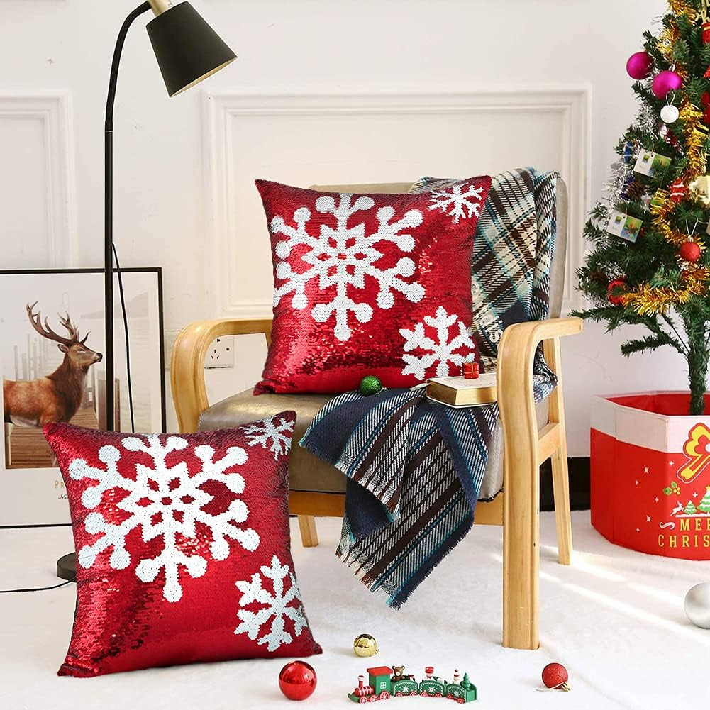 OTOSTAR Christmas Sequins Throw Pillow Covers 18X18 Inch Snowflake Winter Holiday Decorative Magical Sequin Pillowcases Decorations Gifts Cushion Case for Home Bed Sofa Car Couch Set of 2 (Snowflake)