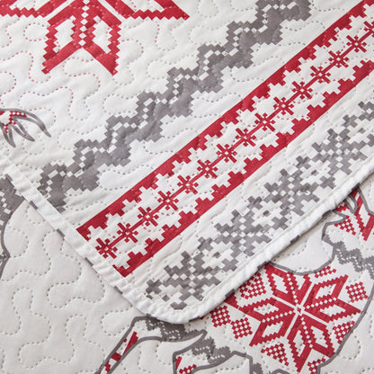 Christmas Red Gray Snowflake Bedding Sets Twin Size Reindeer Quilt Sets Lantarn Bedspread Coverlet Set with 2 Pillow Shams