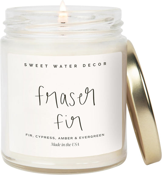 Sweet Water Decor Fraser Fir Candle - Evergreen, Cedar, Winter Holiday Scented Soy Christmas Candles for Home - 9Oz Clear Jar, 40 Hour Burn Time, Made in the USA