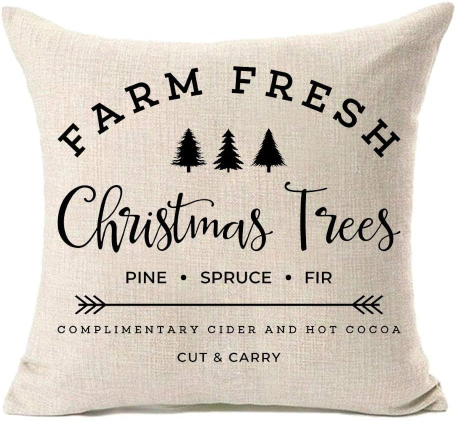 MFGNEH Farm Fresh Christmas Trees Cotton Linen Throw Pillow Covers Christmas Decor Cushion Case 20 X 20 Inch for Sofa,Farmhouse Pillow Cover