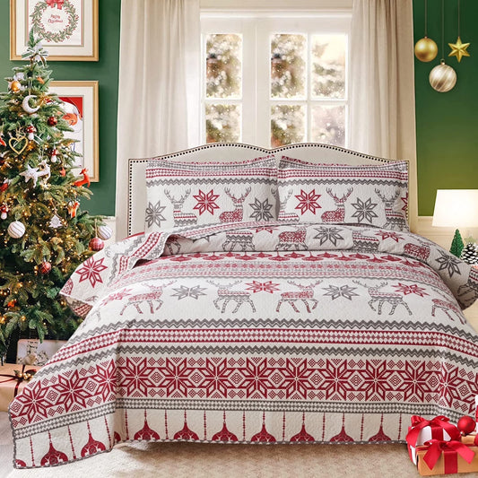 Christmas Red Gray Snowflake Bedding Sets Twin Size Reindeer Quilt Sets Lantarn Bedspread Coverlet Set with 2 Pillow Shams