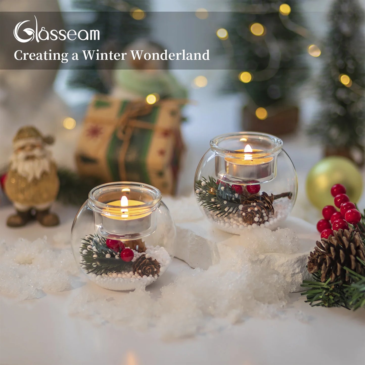 Set of 3 Christmas Tealight Holders: Glass Votive Candle Holders with Artificial Pinecone Holiday Table Decor for Centerpieces DIY Snow Scene Party Gifts