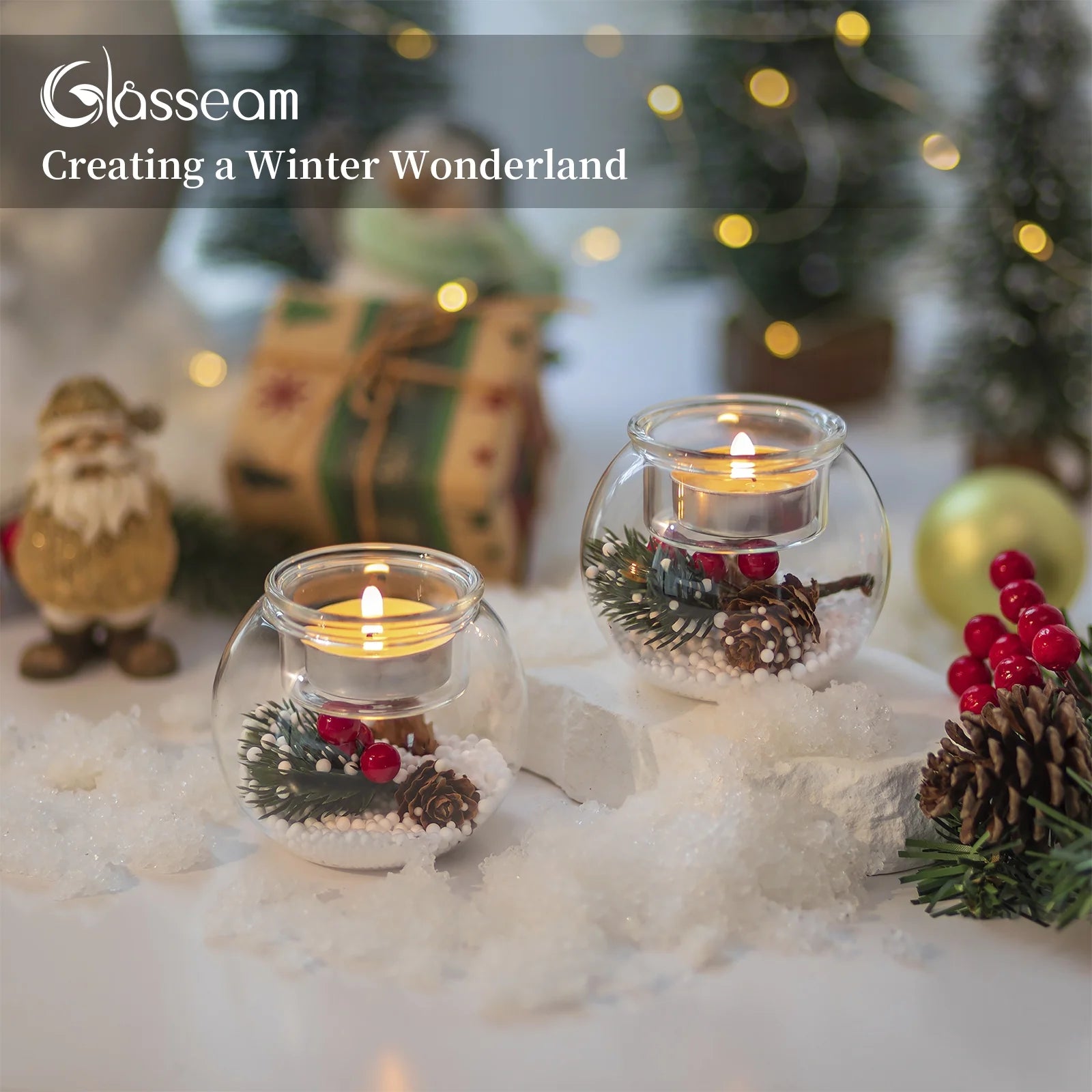Set of 3 Christmas Tealight Holders: Glass Votive Candle Holders with Artificial Pinecone Holiday Table Decor for Centerpieces DIY Snow Scene Party Gifts