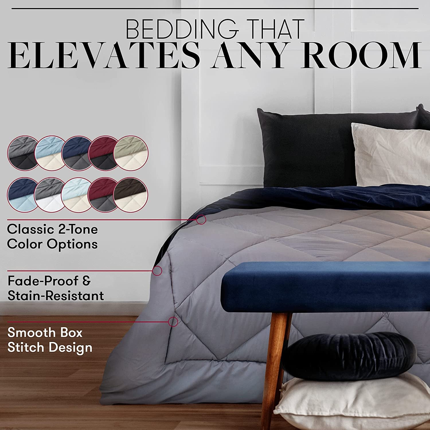 Beckham Hotel Collection Goose down Alternative Reversible Comforter - All Season - Premium Quality Luxury Hypoallergenic Comforter - Full/Queen - Grey/Black