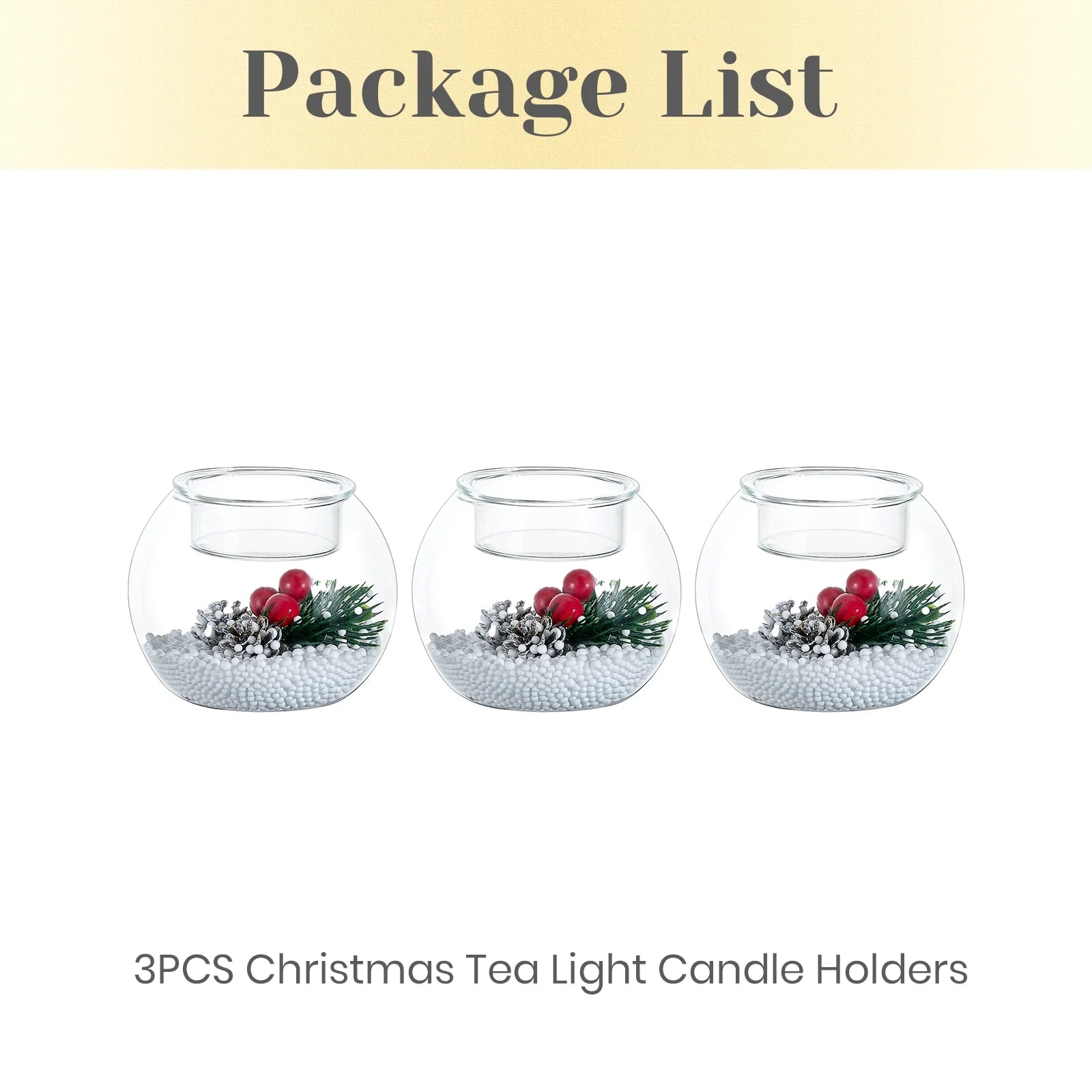 Set of 3 Christmas Tealight Holders: Glass Votive Candle Holders with Artificial Pinecone Holiday Table Decor for Centerpieces DIY Snow Scene Party Gifts