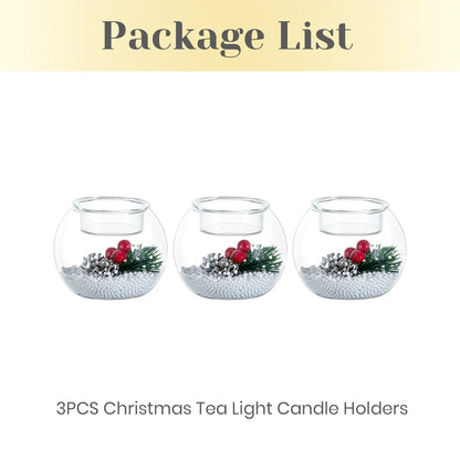 Set of 3 Christmas Tealight Holders: Glass Votive Candle Holders with Artificial Pinecone Holiday Table Decor for Centerpieces DIY Snow Scene Party Gifts
