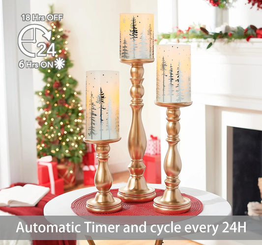 Christmas Flameless Pillar Candles, Holiday Led Candles with Timer Remote, Silver Battery Operated Flickering Candles for Christmas Home Decorations, Centerpiece.