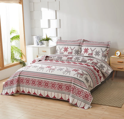 Christmas Red Gray Snowflake Bedding Sets Twin Size Reindeer Quilt Sets Lantarn Bedspread Coverlet Set with 2 Pillow Shams
