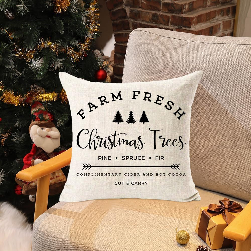 MFGNEH Farm Fresh Christmas Trees Cotton Linen Throw Pillow Covers Christmas Decor Cushion Case 20 X 20 Inch for Sofa,Farmhouse Pillow Cover