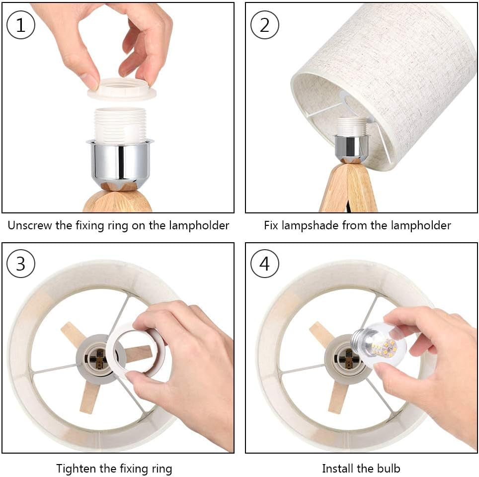 HAITRAL Small Bedside Table Lamp - Wooden Tripod Nightstand Lamp for Bedroom, Living Room, Office, Home with Fabric Linen Shade - 13.4 Inches (Without Bulb)