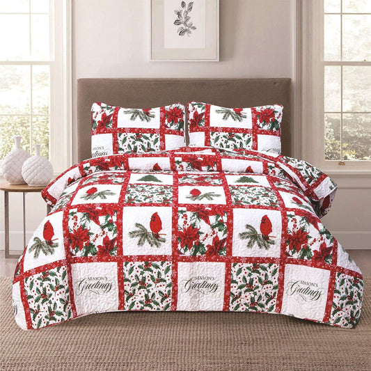 Howplum Christmas Holiday Full/Queen Lightweight Patchwork Quilt Bedding Set Mistletoe Cardinal Poinsettia Holly Red Green White