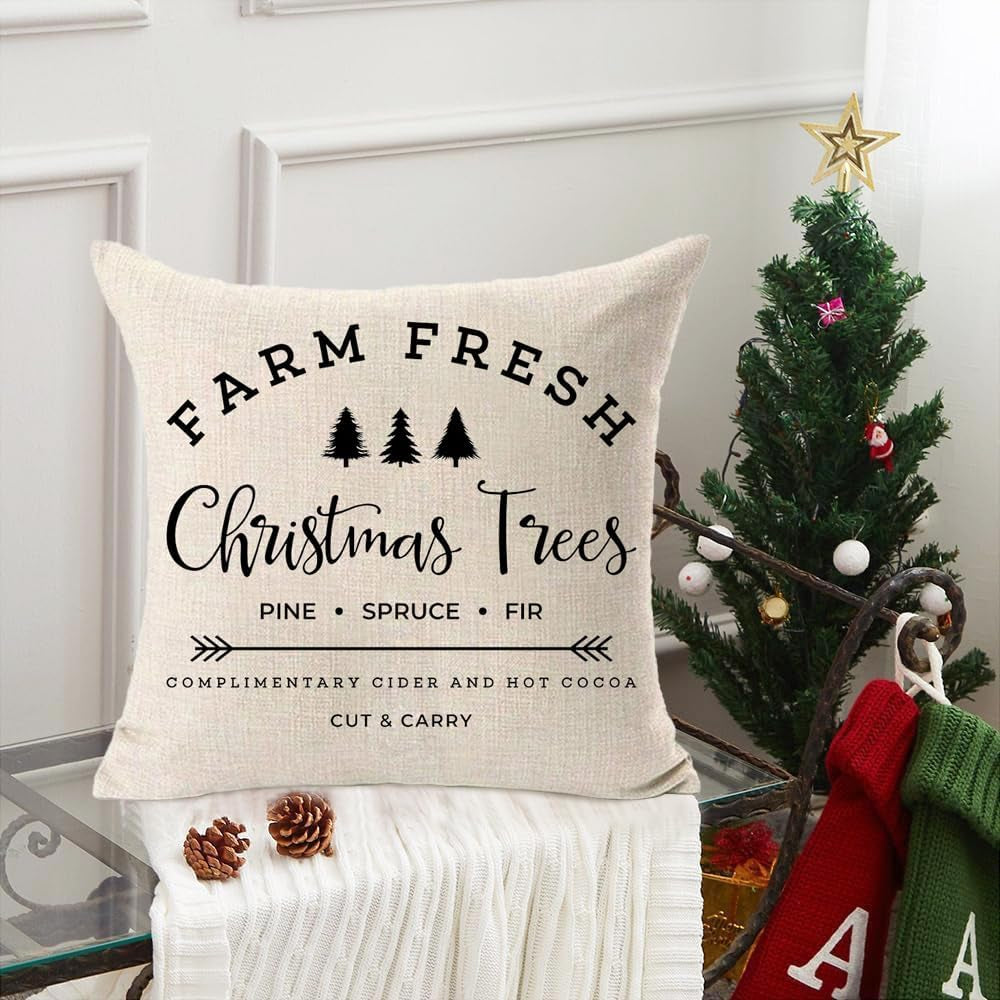 MFGNEH Farm Fresh Christmas Trees Cotton Linen Throw Pillow Covers Christmas Decor Cushion Case 20 X 20 Inch for Sofa,Farmhouse Pillow Cover
