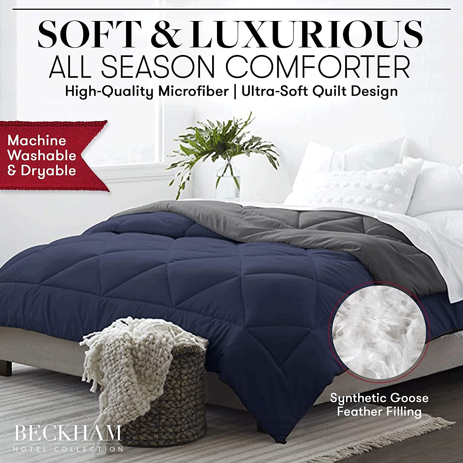 Beckham Hotel Collection Goose down Alternative Reversible Comforter - All Season - Premium Quality Luxury Hypoallergenic Comforter - Full/Queen - Grey/Black
