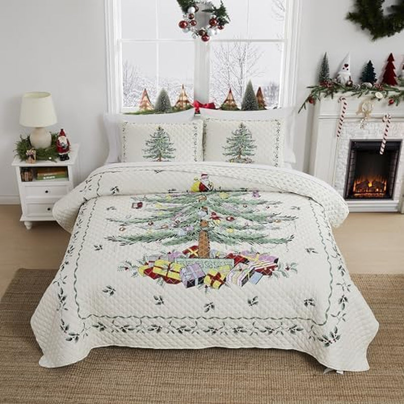 Spode - King Comforter Set, 3-Piece Bedding with Matching Shams, Holiday Room Decor Christmas Tree Ivory, King