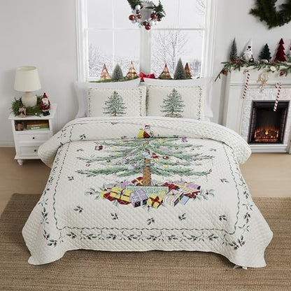 Spode - King Comforter Set, 3-Piece Bedding with Matching Shams, Holiday Room Decor Christmas Tree Ivory, King