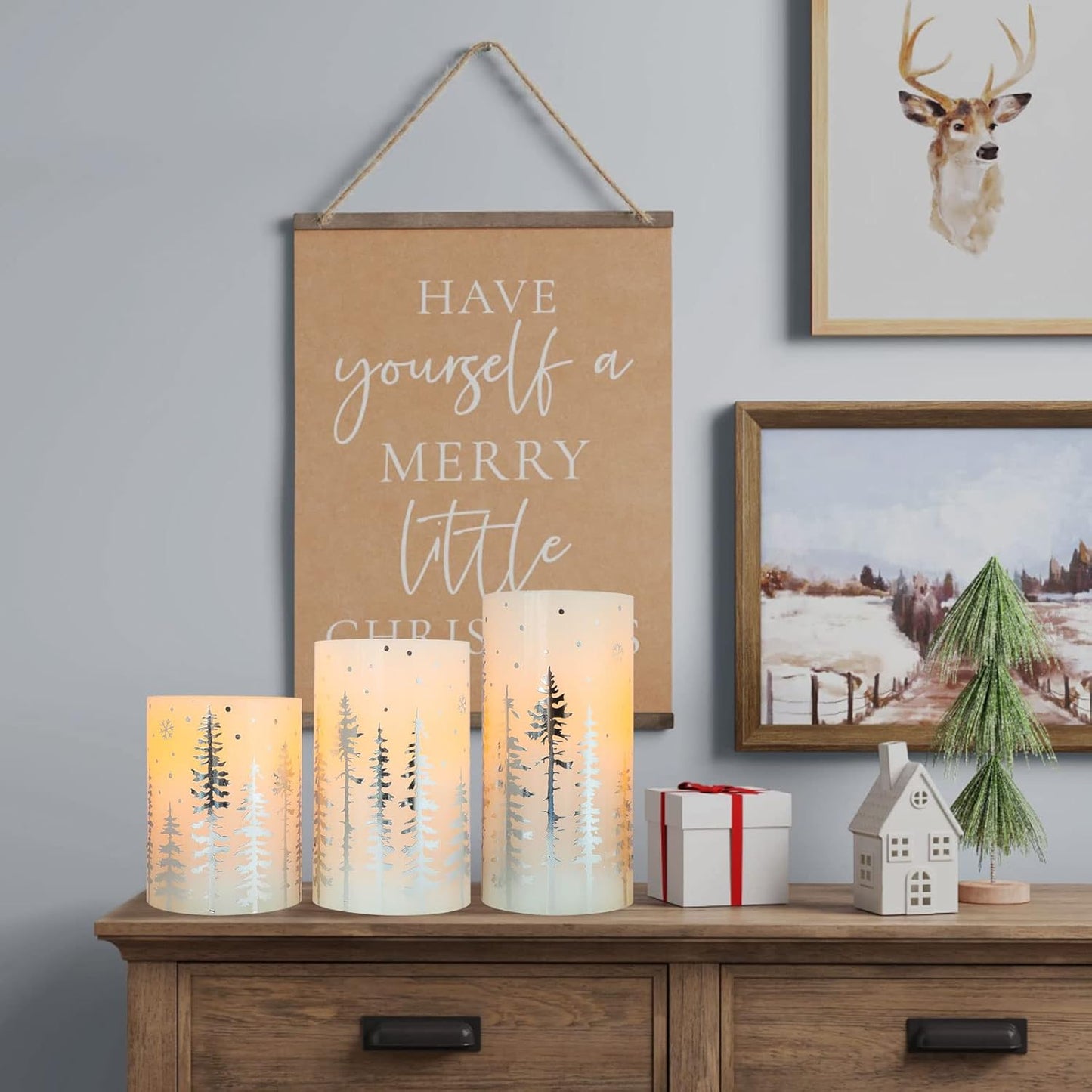 Christmas Flameless Pillar Candles, Holiday Led Candles with Timer Remote, Silver Battery Operated Flickering Candles for Christmas Home Decorations, Centerpiece.