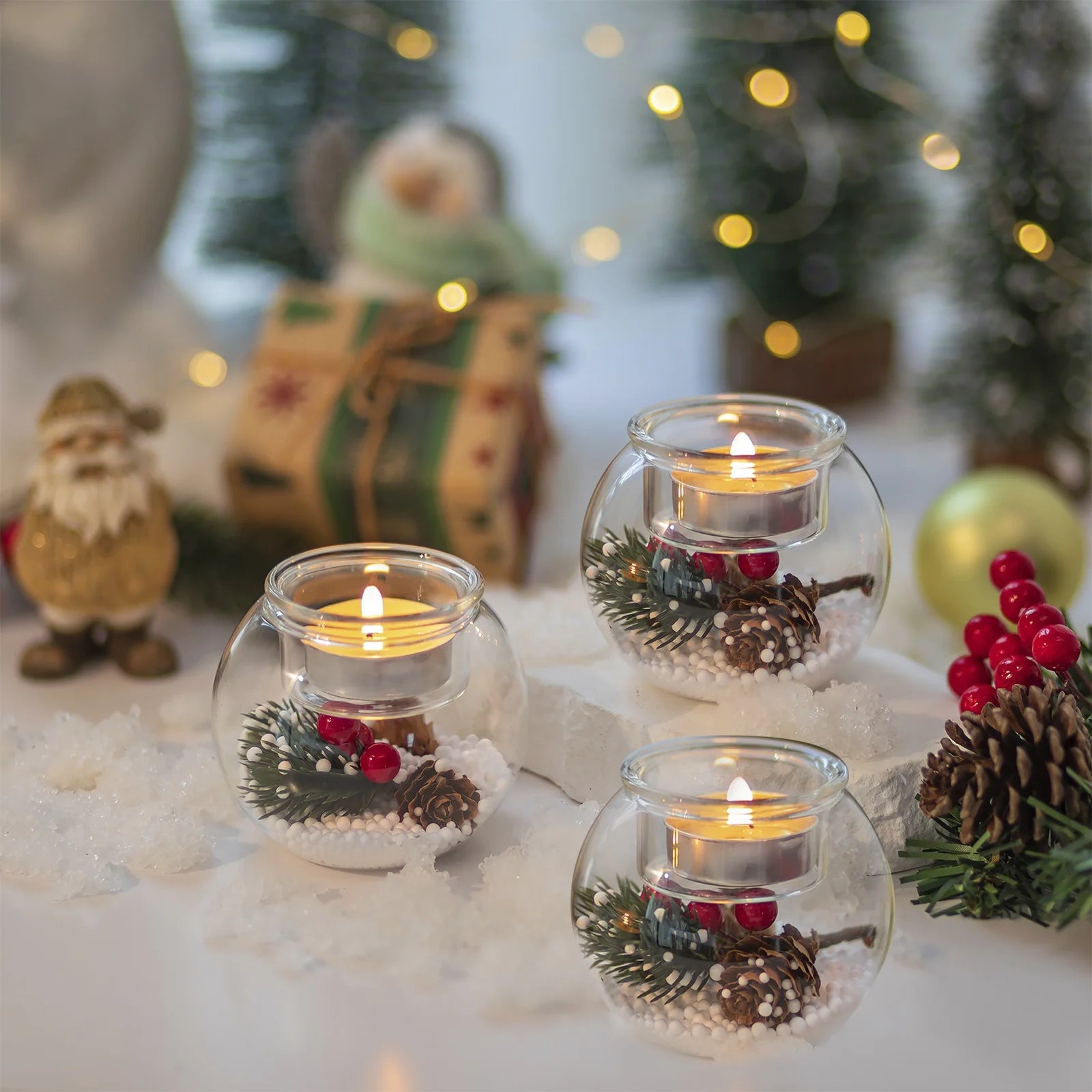 Set of 3 Christmas Tealight Holders: Glass Votive Candle Holders with Artificial Pinecone Holiday Table Decor for Centerpieces DIY Snow Scene Party Gifts