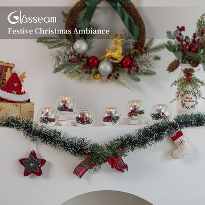 Set of 3 Christmas Tealight Holders: Glass Votive Candle Holders with Artificial Pinecone Holiday Table Decor for Centerpieces DIY Snow Scene Party Gifts