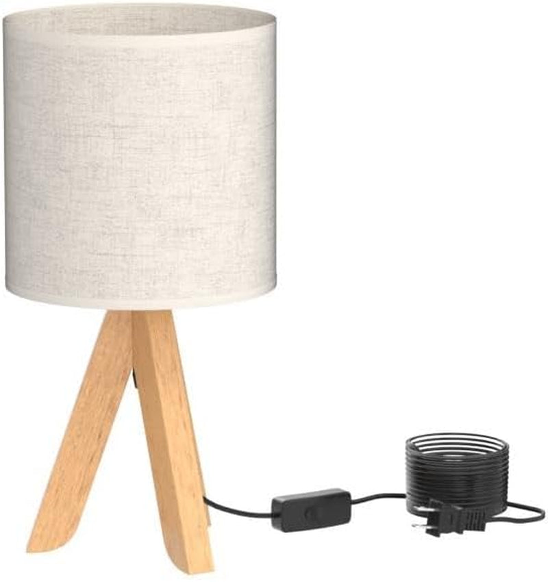 HAITRAL Small Bedside Table Lamp - Wooden Tripod Nightstand Lamp for Bedroom, Living Room, Office, Home with Fabric Linen Shade - 13.4 Inches (Without Bulb)