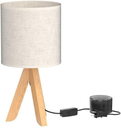 HAITRAL Small Bedside Table Lamp - Wooden Tripod Nightstand Lamp for Bedroom, Living Room, Office, Home with Fabric Linen Shade - 13.4 Inches (Without Bulb)