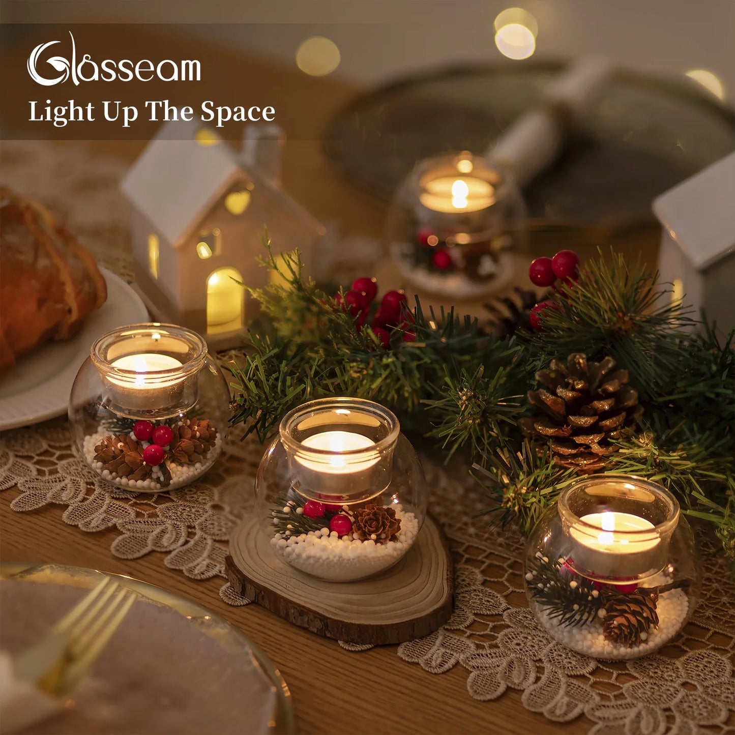 Set of 3 Christmas Tealight Holders: Glass Votive Candle Holders with Artificial Pinecone Holiday Table Decor for Centerpieces DIY Snow Scene Party Gifts