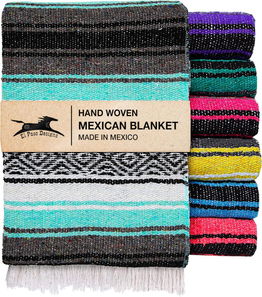 El Paso Designs Mexican Yoga Blanket – Colorful Falsa Serape Throw for Yoga, Beach, Picnic, Saddle, or Home Décor – Soft Woven Boho Blanket (Cool Mint & Gray)